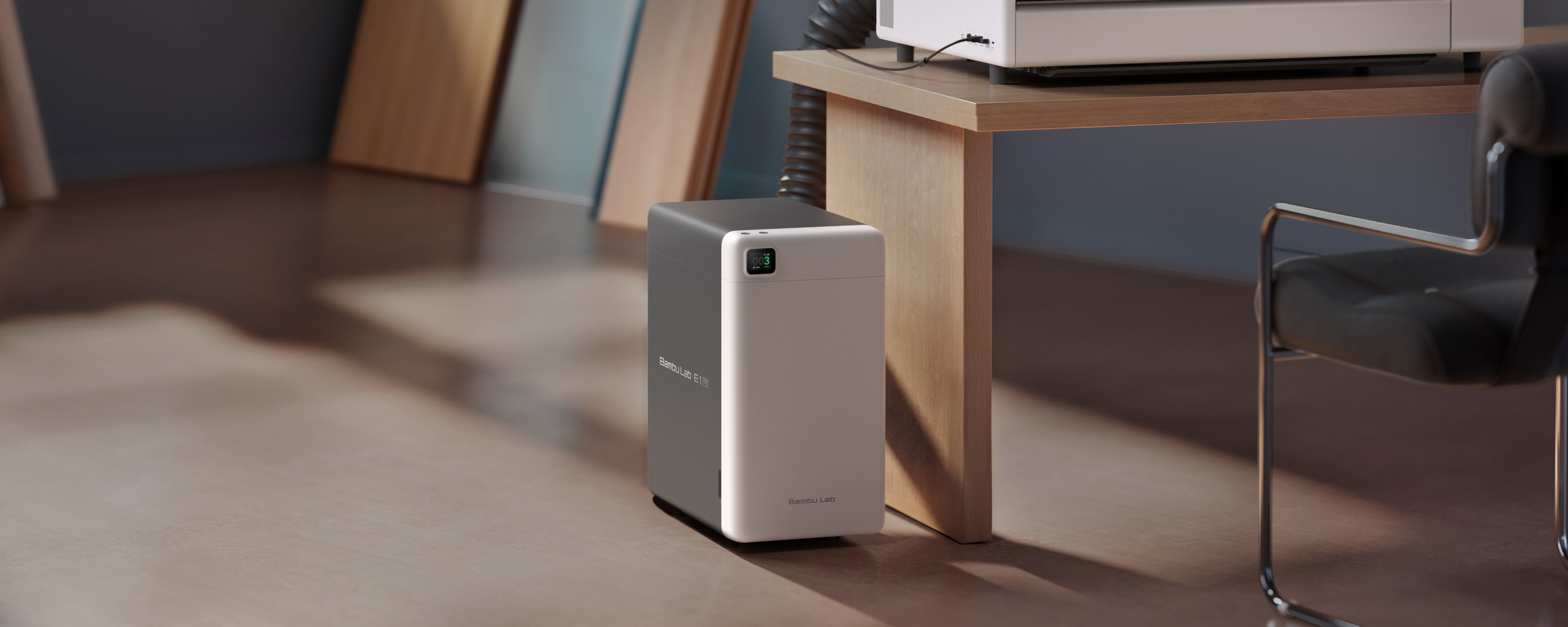 Purificador de ar Bambu Lab E1 Pro ligado à R1